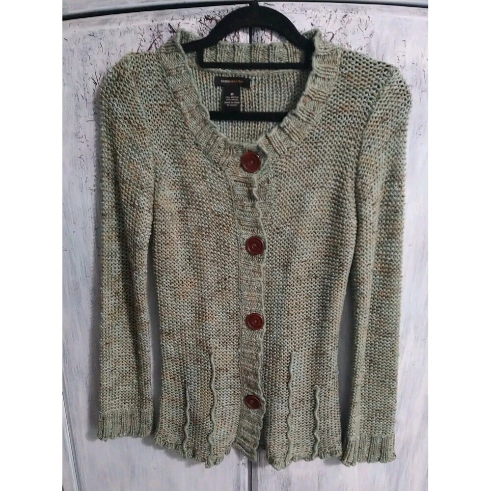 BCBG Max Azria Button Front Cardigan Sweater Green Medium Boho Cottage Core...